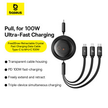 Кабель Baseus Free2Draw Retractable Crystal 3-in-1 Fast Charging Data Cable Type-C to Lightning+Type-C+MicroUSB 100W 1.1m Чорний