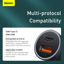 Автомобильное зарядное устройство Baseus Golden Contactor Pro Dual Quick Charger Car Charger 40W USB+Type-C + Кабель USB to Type-C 1м Серый