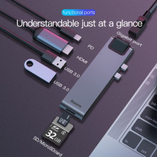 USB-хаб Baseus 7in1 Thunderbolt C + Pro 7-Port Type-C HUB Adapter Type-C*2 to USB3.0*2, Type-C*1, 4KHDMI, RJ45, SD, MicroSD Сірий