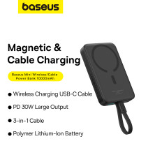 УМБ Baseus Magnetic Mini Wireless Fast Charge 10000mAh 30W 3A QC3.0+PD3.0 з функцією MagSafe та Qi 15W і Type-C 30W кабелем Чорний
