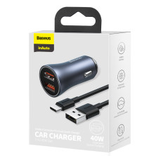 Автомобильное зарядное устройство Baseus Golden Contactor Pro Dual Quick Charger Car Charger 40W 2USB + Кабель USB to Type-C 1м Серый