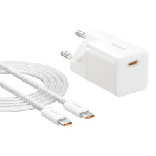 Мережевий зарядний пристрій Baseus GaN5 Mini Fast Charger 1C PD3.0 25W Type-C 3A + кабель Baseus Type-C to Type-C 100W 20V/5A 1м Білий