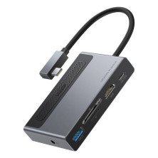 USB-хаб Baseus 6in1 Magic Multifunctional Type-C with a Retractable Clip Type-C to USB3.0, Type-C, 4KHDMI, AUX, TF, SD Сірий