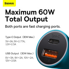 Автомобільний зарядний пристрій Baseus Golden Contactor Max Dual Fast Charger Car Charger 60W USB+Type-C Блакитний