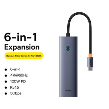 USB-хаб Baseus 6in1 UltraJoy 6-Port Type-C HUB Adapter Type-C to USB3.0*3, Type-C(PD)*1, 4KHDMI, RJ45 Сірий