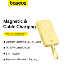 УМБ Baseus Magnetic Mini Wireless Fast Charge 10000mAh 30W 3A QC3.0+PD3.0 з функцією MagSafe та Qi 15W і Type-C 30W кабелем Жовтий