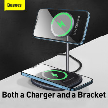 Беспроводное зарядное устройство Baseus Swan 2in1 Magnetic с функцией MagSafe и Qi 20W и адаптером QC3.0 Черный