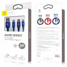 Кабель Baseus Rapid Series Cable 3-in-1 Fast Charging Data Cable USB to Lightning+Type-C+MicroUSB 3А 1.2m Синій