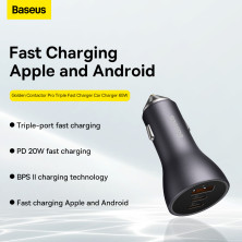 Автомобильное зарядное устройство Baseus Golden Contactor Pro Triple Fast Charger Car Charger 65W USB+2Type-C Серый