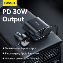 Автомобільний зарядний пристрій Baseus High Efficiency Pro 1-for-2 Car Cigarette Lighter 30W USB+Type-C + 2 Прикурювача Чорний