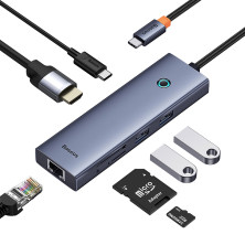 USB-хаб Baseus 7in1 Flite 7-Port Type-C HUB Adapter Type-C to USB3.0*2, Type-C(PD)*1, 4KHDMI, RJ45, SD/TF 3.0 Сірий