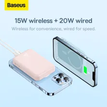 УМБ Baseus Magnetic Mini Wireless Fast Charge 2in1 10000mAh 20W 2.4A QC3.0+PD3.0 з Бездротовою зарядкою Qi 15W Рожевий