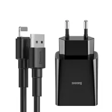 Сетевое зарядное устройство Baseus Speed Mini Dual U Charger 2USB 2.1A 10.5W + Кабель 2.4A USB to Lightning 1м Черный