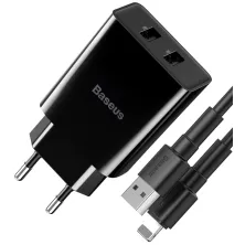 Сетевое зарядное устройство Baseus Speed Mini Dual U Charger 2USB 2.1A 10.5W + Кабель 2.4A USB to Lightning 1м Черный