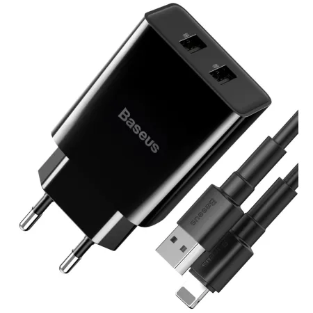 Сетевое зарядное устройство Baseus Speed Mini Dual U Charger 2USB 2.1A 10.5W + Кабель 2.4A USB to Lightning 1м Черный
