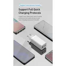 Мережевий зарядний пристрій Baseus Quick GaN Travel QC4.0+PD3.0 65W USB+2Type-C 5A Білий