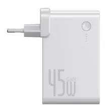 Мережевий зарядний пристрій Baseus GaN 2in1 QC3.0 + PD3.0 45W USB + Type-C 5A з функцією Павербанка 10000mAh + кабель Type-C 60W 20V / 3A 1м Білий