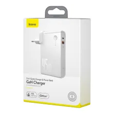 Мережевий зарядний пристрій Baseus GaN 2in1 QC3.0 + PD3.0 45W USB + Type-C 5A з функцією Павербанка 10000mAh + кабель Type-C 60W 20V / 3A 1м Білий