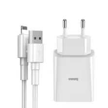 Сетевое зарядное устройство Baseus Speed Mini Dual U Charger 2USB 2.1A 10.5W + Кабель 2.4A USB to Lightning 1м Белый