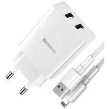Сетевое зарядное устройство Baseus Speed Mini Dual U Charger 2USB 2.1A 10.5W + Кабель 2.4A USB to Lightning 1м Белый