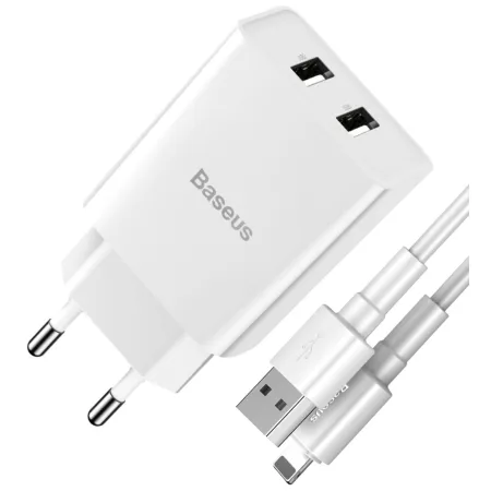 Сетевое зарядное устройство Baseus Speed Mini Dual U Charger 2USB 2.1A 10.5W + Кабель 2.4A USB to Lightning 1м Белый