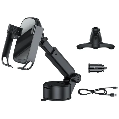Автодержатель с Беспроводной Зарядкой Baseus Rock-Solid с технологией Qi 10W и зарядкой в прикуриватель QC 3.0 30W 2USB 5A Черный