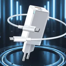 Сетевое зарядное устройство Baseus GaN Mini QC3.0+PD3.0 45W USB+Type-C 5A + кабель Baseus Type-C to Type-C 60W 20V/3A 1м Белый