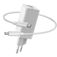 Мережевий зарядний пристрій Baseus GaN Mini QC3.0+PD3.0 45W USB+Type-C 5A + кабель Baseus Type-C to Type-C 60W 20V/3A 1м Білий