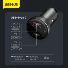 Автомобільний зарядний пристрій Baseus Digital Display QC 4.0 + PD3.0 PPS 45W USB + Type-C 5A Чорний