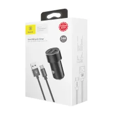 Автомобильное зарядное устройство Baseus Small Screw 2USB 3.4A + Кабель USB to Type-C 1м 2A Черный