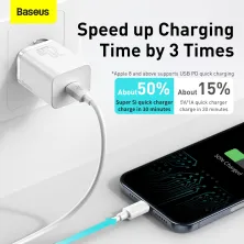 Сетевое зарядное устройство Baseus Super Si QC PD3.0 20W Type-C 3A + Кабель 2.3A Type-C to Lightning 1м Белый