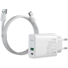Мережевий зарядний пристрій Baseus Speed PPS QC3.0 + PD3.0 30W VOOC USB + Type-C 5A + Кабель VOOC Type-C to Type-C 5A 1м Білий
