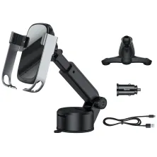 Автотримач з Бездротовою зарядкою Baseus Rock-Solid з технологією Qi 10W і зарядкою в прикурювач QC 3.0 30W 2USB 5A Сріблястий