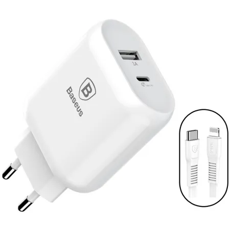 Сетевое зарядное устройство Baseus Bojure Series PD3.0 32W Type-C PD 3A + USB 1A + Кабель 18W Type-C to Lightning 1м Белый