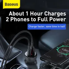 Автомобільний зарядний пристрій Baseus Digital Display QC 4.0 + PD3.0 PPS 45W USB + Type-C 5A + Кабель Type-C to Type-C 60W 20V/3A 1м Чорний