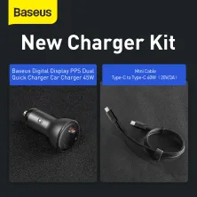 Автомобільний зарядний пристрій Baseus Digital Display QC 4.0 + PD3.0 PPS 45W USB + Type-C 5A + Кабель Type-C to Type-C 60W 20V/3A 1м Чорний
