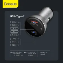 Автомобільний зарядний пристрій Baseus Digital Display QC 4.0 + PD3.0 PPS 45W USB + Type-C 5A + Кабель Type-C to Type-C 60W 20V/3A 1м Чорний