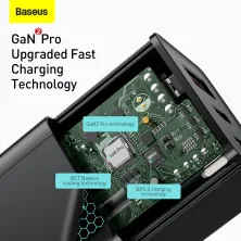 Сетевое зарядное устройство Baseus Quick GaN2 Pro QC4.0+PD3.0 65W USB+2Type-C 5A + кабель Baseus Type-C to Type-C 100W 20V/5A 1м Черный