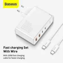 Мережевий зарядний пристрій Baseus Quick GaN2 Pro QC4.0+PD3.0 100W 2USB+2Type-C 5A + кабель Baseus Type-C to Type-C 100W 20V/5A 1м Білий