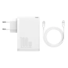 Мережевий зарядний пристрій Baseus Quick GaN2 Pro QC4.0+PD3.0 100W 2USB+2Type-C 5A + кабель Baseus Type-C to Type-C 100W 20V/5A 1м Білий