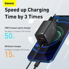 Мережевий зарядний пристрій Baseus Compact Quick Charger QC3.0+PD3.0 20W USB+Type-C 3A Чорний
