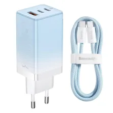 Мережевий зарядний пристрій Baseus GaN3 Pro Fast Charger  QC4.0+PD3.0 65W USB+2Type-C 3A + кабель Baseus Type-C to Type-C 100W 20V/5A 1м Блакитний