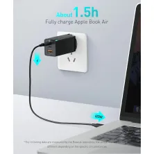 Мережевий зарядний пристрій Baseus GaN3 Pro Fast Charger QC4.0+PD3.0 65W USB+2Type-C 3A + кабель Baseus Type-C to Type-C 100W 20V/5A 1м Чорний