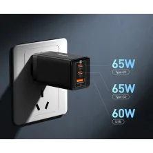Мережевий зарядний пристрій Baseus GaN3 Pro Fast Charger QC4.0+PD3.0 65W USB+2Type-C 3A + кабель Baseus Type-C to Type-C 100W 20V/5A 1м Чорний