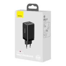 Мережевий зарядний пристрій Baseus GaN3 Pro Fast Charger QC4.0+PD3.0 65W USB+2Type-C 3A + кабель Baseus Type-C to Type-C 100W 20V/5A 1м Чорний