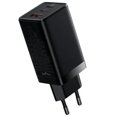 Мережевий зарядний пристрій Baseus GaN3 Pro Fast Charger QC4.0+PD3.0 65W USB+2Type-C 3A + кабель Baseus Type-C to Type-C 100W 20V/5A 1м Чорний