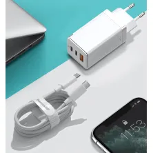 Мережевий зарядний пристрій Baseus GaN3 Pro Fast Charger  QC4.0+PD3.0 65W USB+2Type-C 3A + кабель Baseus Type-C to Type-C 100W 20V/5A 1м Білий