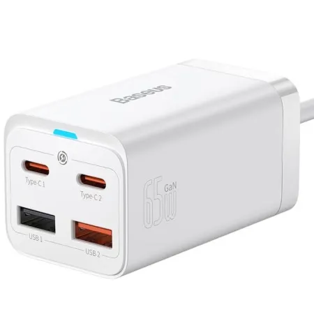 Мережевий зарядний пристрій Baseus GaN3 Pro Desktop Fast Charger QC4.0+PD3.0 65W 2USB+2Type-C 3A + кабель Baseus Type-C to Type-C 100W 20V/5A 1м Білий