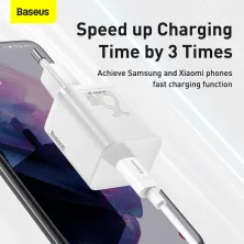 Мережевий зарядний пристрій Baseus Super Si Quick Charger 1C QC3.0+PD3.0 25W Type-C 3A + кабель Baseus Type-C to Type-C 3A 1м Білий