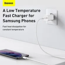 Мережевий зарядний пристрій Baseus Super Si Quick Charger 1C QC3.0+PD3.0 25W Type-C 3A + кабель Baseus Type-C to Type-C 3A 1м Білий